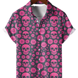 Roze herenoverhemd met doodshoofden en madeliefjes