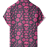 Roze herenoverhemd met doodshoofden en madeliefjes