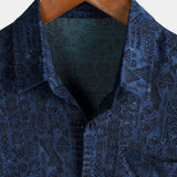 Douwe retro herenoverhemd met korte mouwen en etnische print – marineblauw