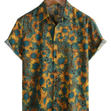 Douwe retro herenoverhemd met korte mouwen en zonnebloemenprint – groen