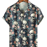 Casper herenoverhemd met korte mouwen en doodshoofdenprint – marineblauw