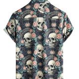 Casper herenoverhemd met korte mouwen en doodshoofdenprint – marineblauw