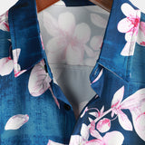 Marineblauw herenoverhemd met reverskraag en bloemen