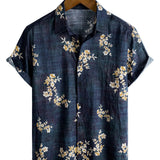 Job herenoverhemd met korte mouwen en bloemenprint – blauw