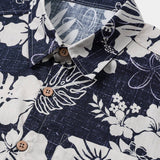 Marineblauw vintage herenoverhemd met eilandbloemen