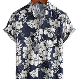 Marineblauw vintage herenoverhemd met eilandbloemen