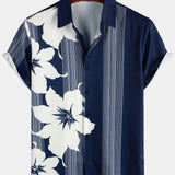 Marineblauw aloha-herenoverhemd met bloemen en strepen