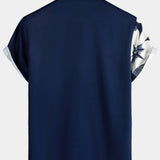 Marineblauw aloha-herenoverhemd met bloemen en strepen