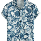 Hugo Hawaïaans herenoverhemd met korte mouwen en doodshoofdenprint – marineblauw
