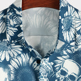 Hugo Hawaïaans herenoverhemd met korte mouwen en doodshoofdenprint – marineblauw