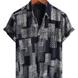 Douwe retro herenoverhemd met korte mouwen en patchworkprint – marineblauw