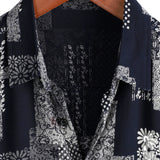 Douwe retro herenoverhemd met korte mouwen en patchworkprint – marineblauw