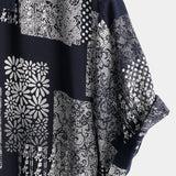 Douwe retro herenoverhemd met korte mouwen en patchworkprint – marineblauw