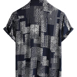 Douwe retro herenoverhemd met korte mouwen en patchworkprint – marineblauw
