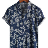 Job retro herenoverhemd met korte mouwen en bloemenprint – marineblauw
