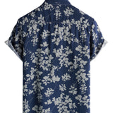 Job retro herenoverhemd met korte mouwen en bloemenprint – marineblauw