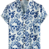Harm herenoverhemd met doodshoofden, bloemen en korte mouwen – blauw