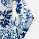 Harm herenoverhemd met doodshoofden, bloemen en korte mouwen – blauw