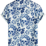 Harm herenoverhemd met doodshoofden, bloemen en korte mouwen – blauw