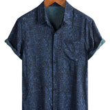 Marineblauw boho-herenoverhemd met etnische print