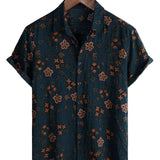 Marineblauw zomeroverhemd voor heren met bloemen