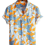 Frits herenoverhemd met korte mouwen en botanische print – oranje
